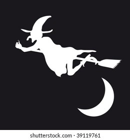 A witch is flying on her broom in the night sky