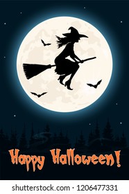 Witch flying on a magic broom Halloween greetings card illustration