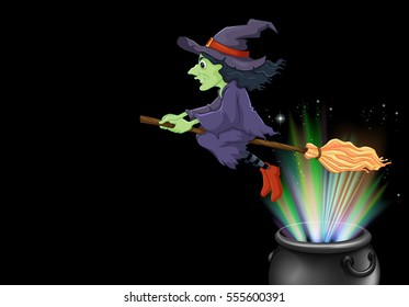 Witch flying on magic broom illustration