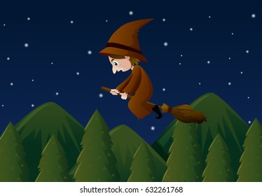 Witch flying on magic broom at night illustration