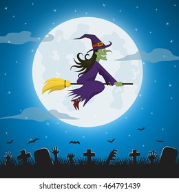 Witch flying on a magic broomstick against the full moon over graveyard, 
Halloween night background