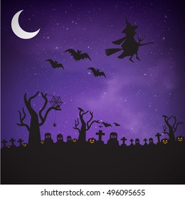 Witch flying on a magic broomstick over the spooky haunted castle with full moon in background with word happy Halloween, halloween night background