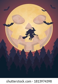 Witch flying over halloween moon and forest, vector art illustration.