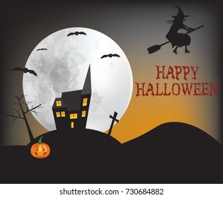 Witch flying over the house, Halloween concept, vector