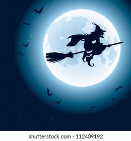 Witch flying over the moon.