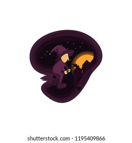 Witch flying over the moon
