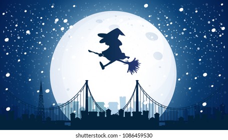 Witch Flying Over the Moon  illustration