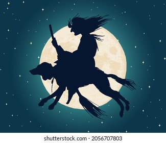 Witch flying over the moon in the night sky. Sorceress with a broomstick in vintage style. Mythical Magic Fortune silhouette. Halloween concept. Vector illustration.