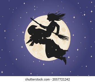 Witch flying over the moon in the night sky. Sorceress with a broomstick in vintage style. Mythical Magic Fortune silhouette. Halloween concept. Vector illustration.