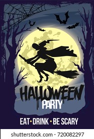 Witch flying over moon on a broomstick. Vector