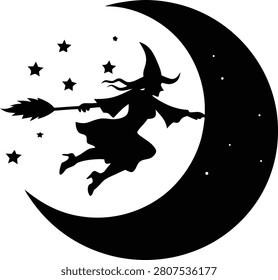 Witch Flying Over Moon Silhouette – Halloween Night Vector Illustration
