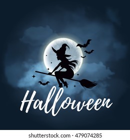 Witch flying over the moon. Vector illustration. EPS 10