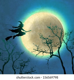 Witch Flying Past the Moon 