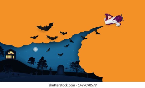 Witch flying in a plane, Halloween night over with tomb in the background