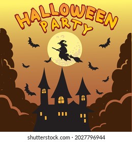 witch flying vector illustration hallloween character and horror house background 