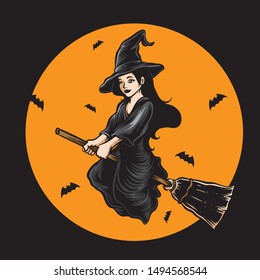 witch flying vector logo icon