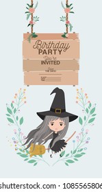 witch flying with wooden label invitation card