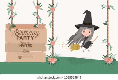 witch flying with wooden label invitation card