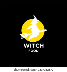 witch food logo icon designs vector template. witch riding fork for hunting flying 