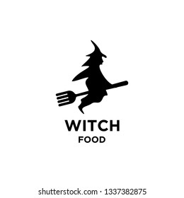 witch food logo icon designs vector template. witch riding fork for hunting flying 