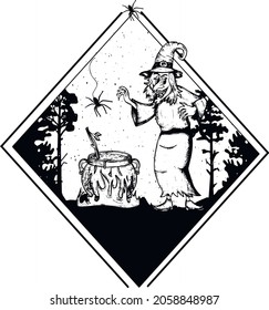 The witch in the forest is brewing a potion. halloween celebration. vector. sketch. EPS format