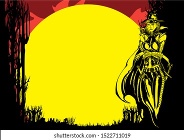 Witch in the forest in the moonlight, vector graphic Halloween background