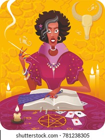 Witch - fortune teller with magic book. Vector illustration.