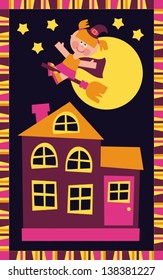 witch frame aÂ?Â? vector illustration, little witch flying on a broomstick