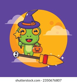 Witch frog fly with broom in halloween night. 