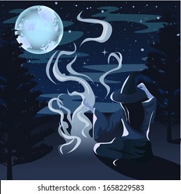Witch in front of a fire casting spells. Night forest landscape with trees, stars and full moon.
