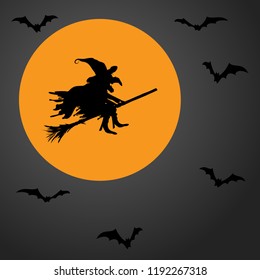 witch in front of full moon with scary illustrated bats for Halloween background layouts