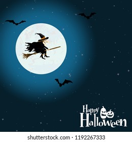 witch in front of full moon with scary illustrated elements for Halloween background layouts