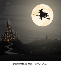 witch in front of full moon with scary illustrated elements for Halloween background layouts