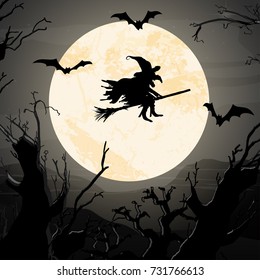 witch in front of full moon with scary illustrated elements for Halloween background layouts