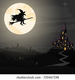 witch in front of full moon with scary illustrated elements for Halloween background layouts