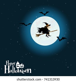 witch in front of full moon with scary illustrated elements for Halloween background layouts