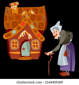 La bruja frente a una casa de jengibre. С de un cuento alemán de hadas "Hansel y Gretel" (alemán: Hänsel und Gretel).Ilustración vectorial

