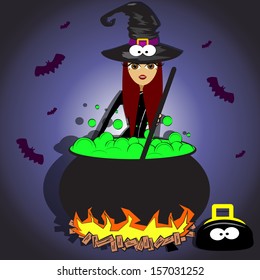 witch in front of his big pot of cooking of potions