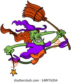Witch full of energy while making a big jump, grinning enthusiastically and holding her magic wand and her broomstick
