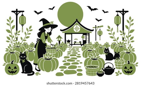 Witch gardening in a pumpkin patch with black cats and a traditional asian house under a full moon