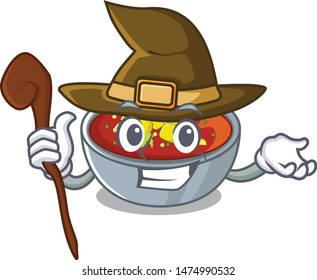 Witch gazpacho dishes above wooden table character