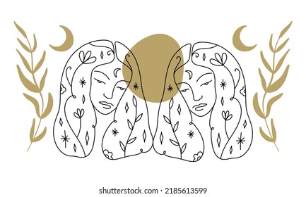 Witch Gemini Twins Zodiac Line Art Stock Vector (Royalty Free ...