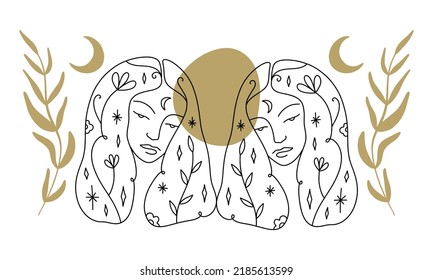 Witch Gemini Twins Zodiac Line Art Stock Vector (royalty Free 