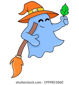 the witch ghost brings a broom to clean the autumn leaves, vector illustration art. doodle icon image kawaii.