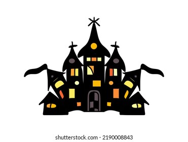 Witch and ghost castle, black drawing, with windows and light, on a transparent background, for the design of the Halloween holiday