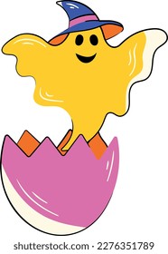 Witch ghost with cracked eggshell, sticker vector in flat style 