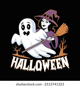 Witch and Ghost Halloween T-Shirt Vector Illustration Design