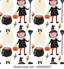 Witch ghost potion halloween pattern. Halloween kids wallpaper, digital paper. Cartoon flat vector repeat background