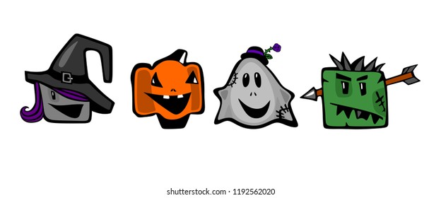  witch, a Ghost, a zombie and a smiling Halloween pumpkin .Comical cartoon characters on a white background