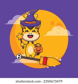 Witch giraffe fly with broom in halloween night. 